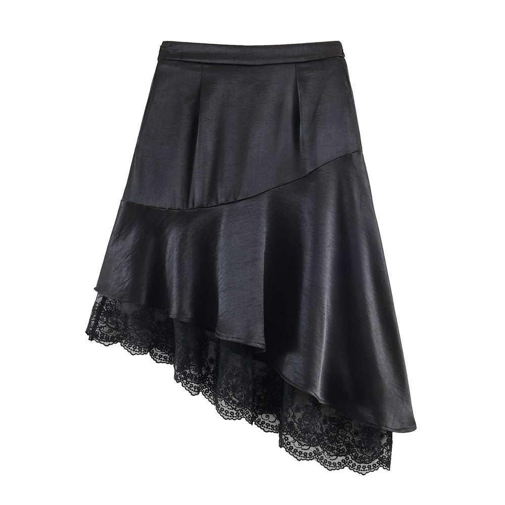 Fashionable Satin Lace Irregular Asymmetric Elegant Stitching Hem Skirt