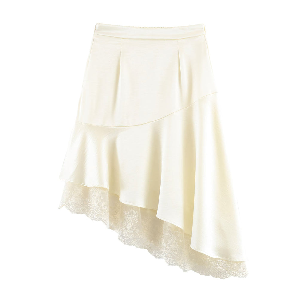 Fashionable Satin Lace Irregular Asymmetric Elegant Stitching Hem Skirt
