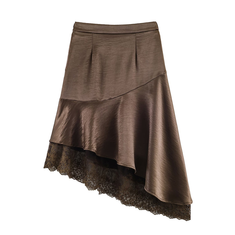 Fashionable Satin Lace Irregular Asymmetric Elegant Stitching Hem Skirt