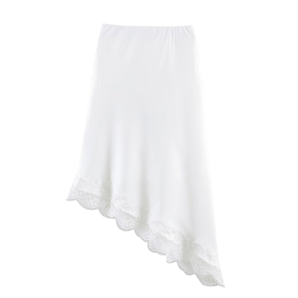 Women Clothing Spring Sexy Satin Acetate Lace Stitching Irregular Asymmetric Skirt