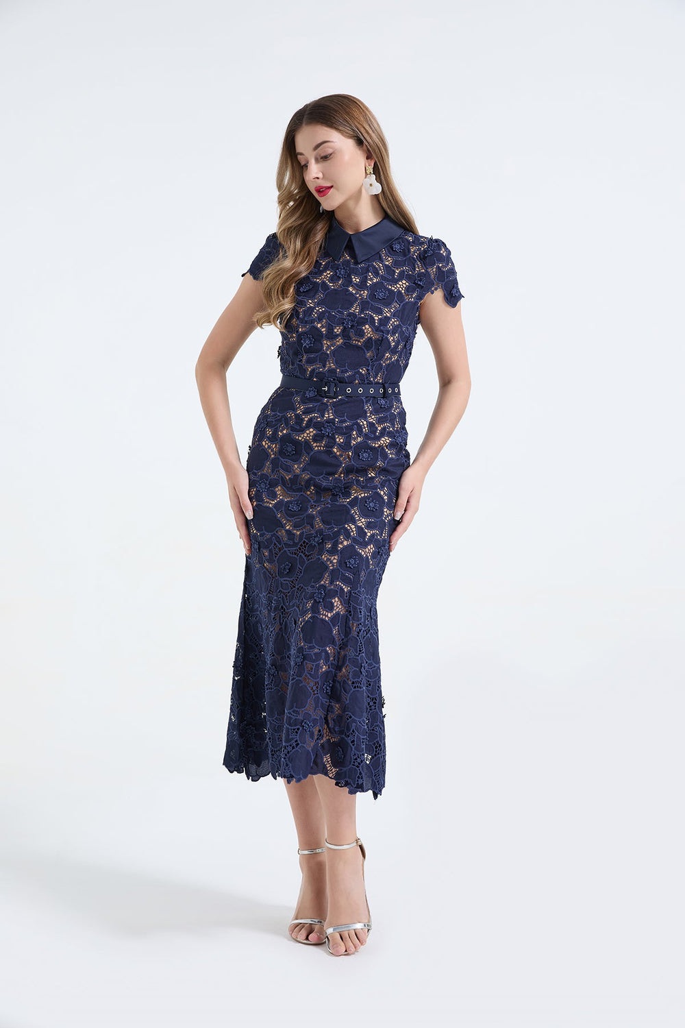 Heavy Industry Lace Three Dimensional Hollow Flower Lace Patchwork Shirt Collar Slim Fish Tail Dress