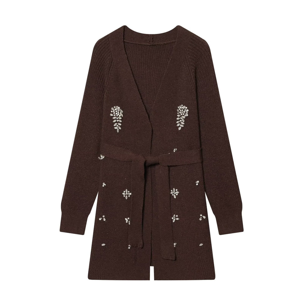 Women Autumn Winter Jewelry Bead Knitted Cardigan