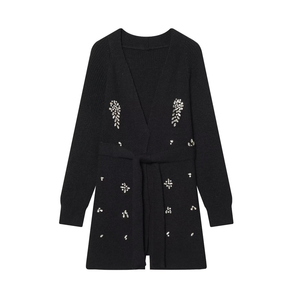 Women Autumn Winter Jewelry Bead Knitted Cardigan