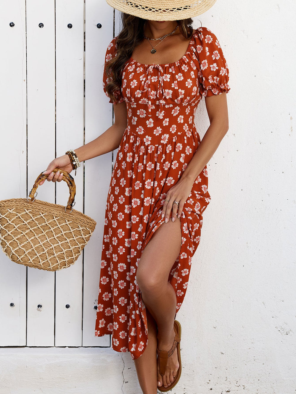 Women Printed Square Neck One Shoulder Short Sleeved Dress With Ruffled Hem Suitable For Casual Beach Vacation And Seaside Outings With A Fitted Waist Design