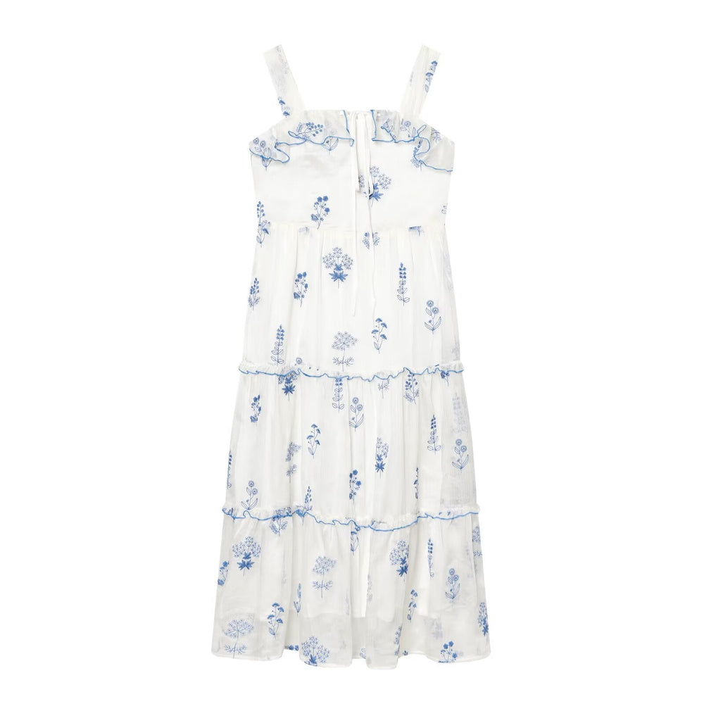 Gentle Sweet Lotus Leaf Lace up Embroidered off the Shoulder Slip Dress Dress Summer Slim Youthful Holiday Midi Dress