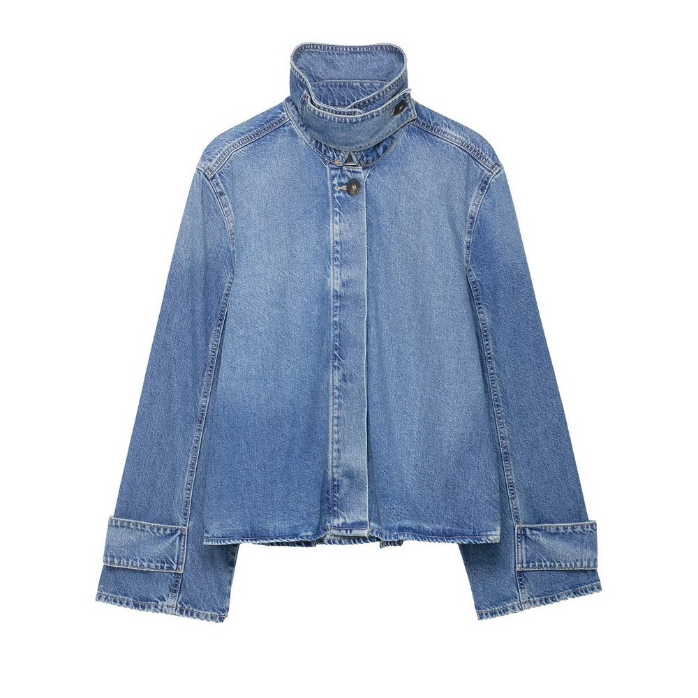 Women Clothing Spring Casual All Matching High Neck Denim Jacket