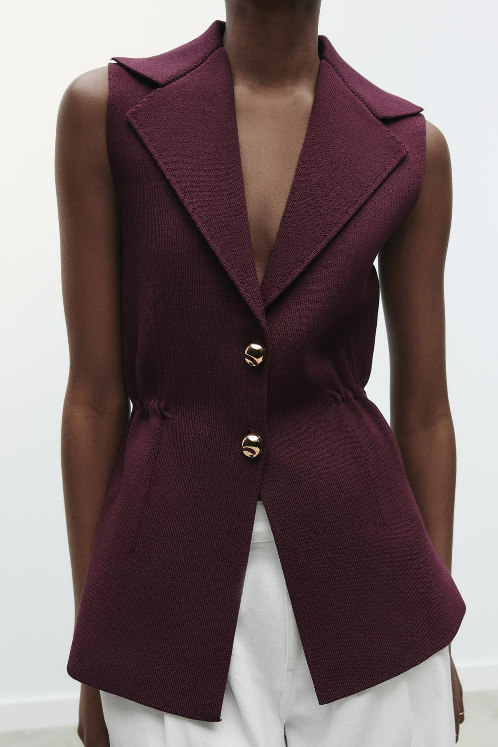 Women Pleated Collared Sleeveless Knitted Vest Jacket