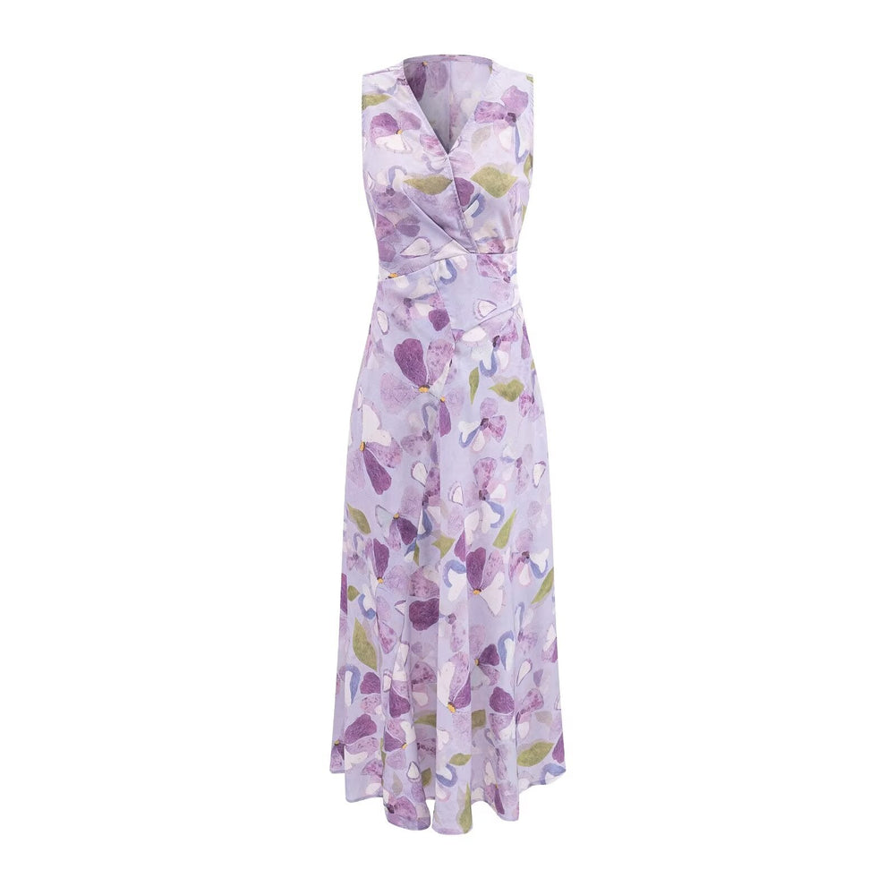Printed Cross V neck Waist Controlled Lace up Sleeveless Dress Summer Slim Fit Maxi Dress Women
