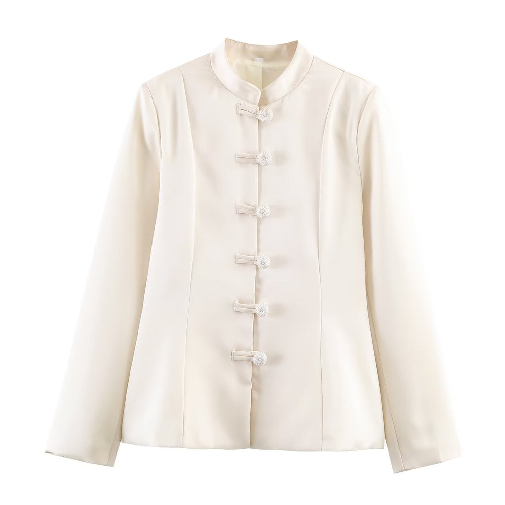 Women Clothing Stand Collar Buckle Satin Jacket Waist Trimming Coat