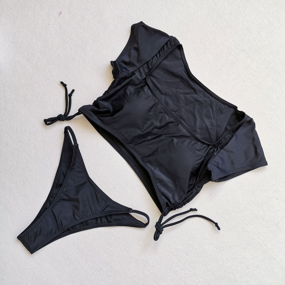 New Sexy Short Sleeved Bikini Split Swimsuit Women Solid Color Nylon Swimsuit