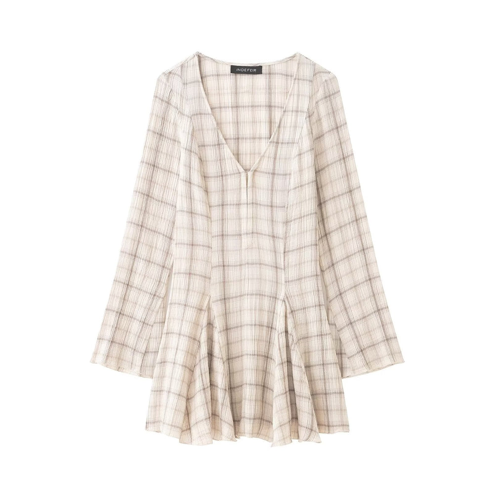 Women Clothing Western Long Sleeve V neck Plaid Short Dress