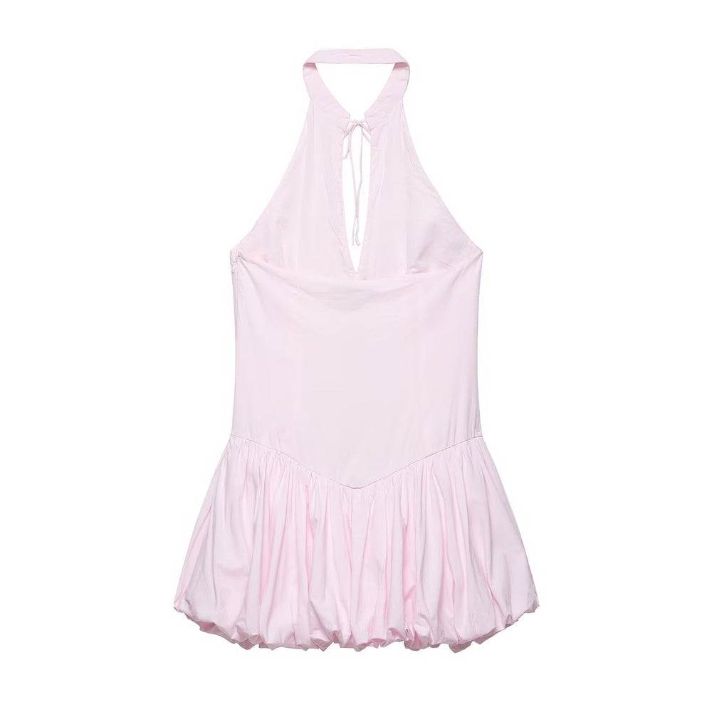Women Clothing Summer Poplin Hanging Collar Balloon Short Dress