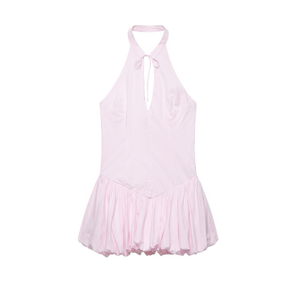 Women Clothing Summer Poplin Hanging Collar Balloon Short Dress