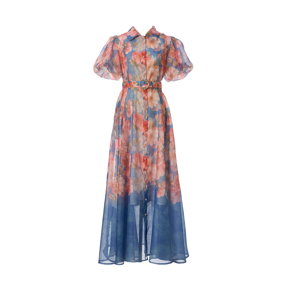 Women Summer Floral Short Sleeved Waist Long Dress