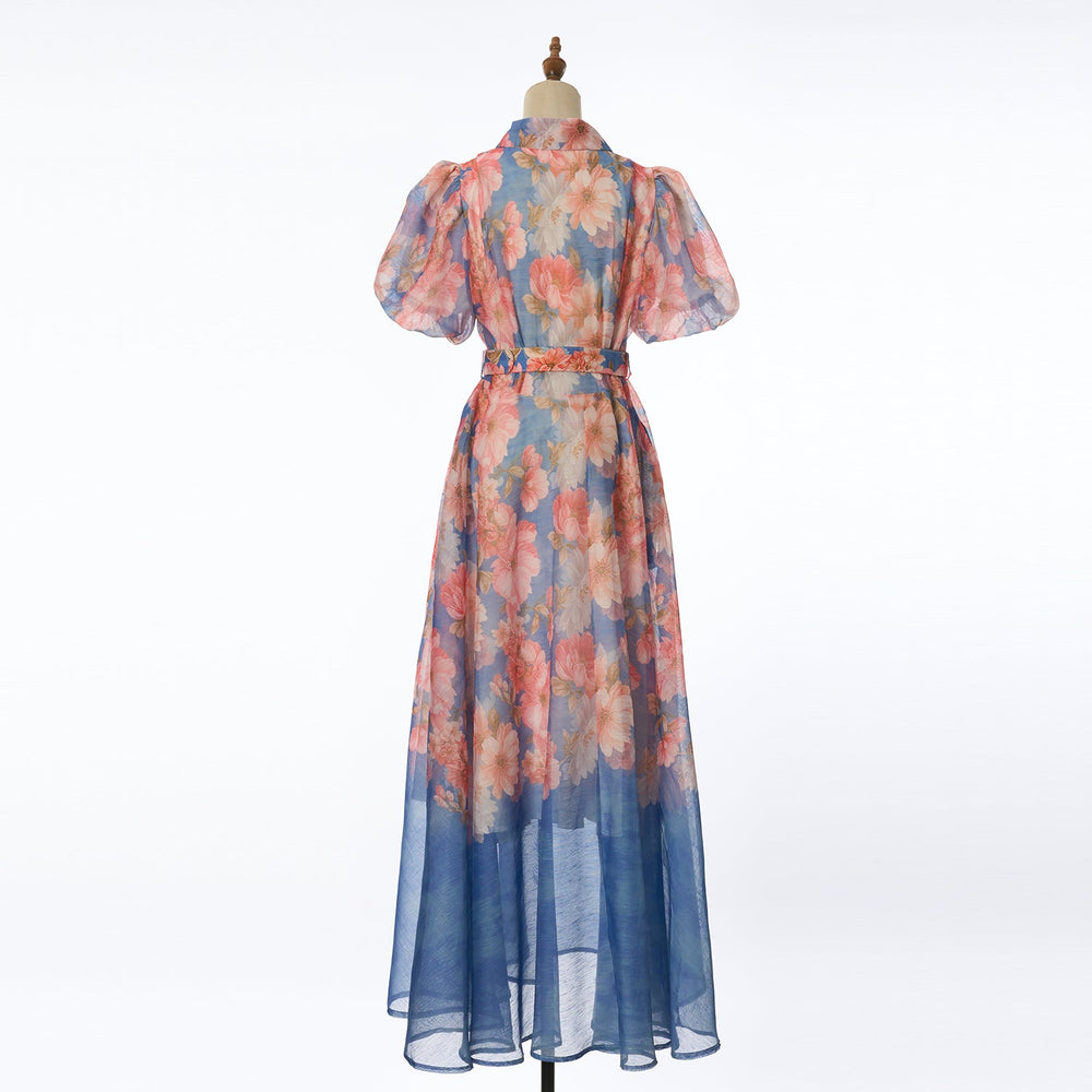 Women Summer Floral Short Sleeved Waist Long Dress