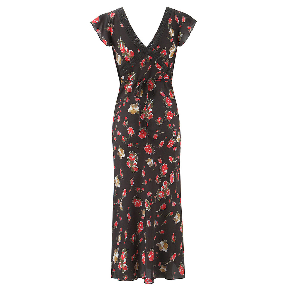 Women Clothing French Elegant Black Floral Dress