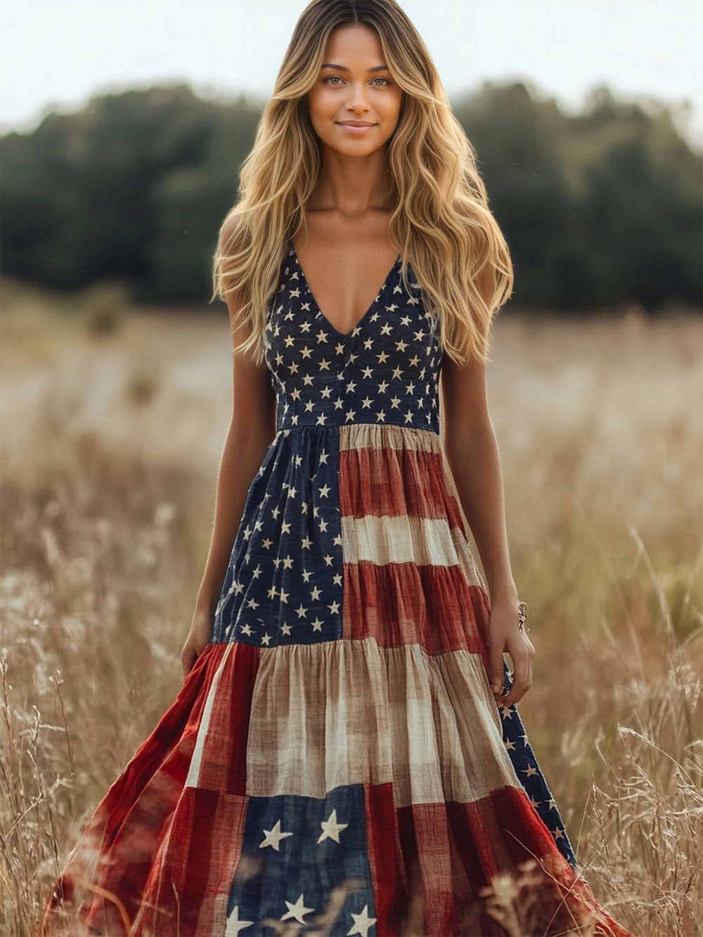 Retro Flag Printed V neck Sling Independence Day Vacation Tiered Dress