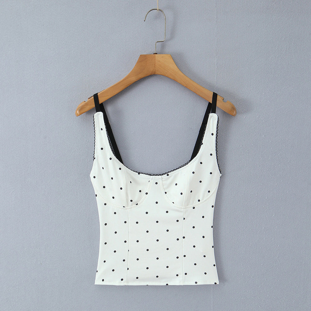 Pure Sexy Lace Stitching Sexy Square Collar Polka Dot Spaghetti Strap Camisole Top