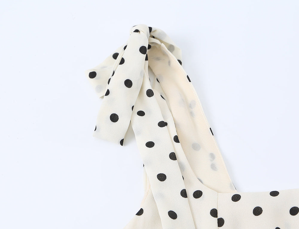 Side Slit Strap Dress for Women Summer French Polka Dot Print Slim Fit Slimming Lace up Suspender Long Dress