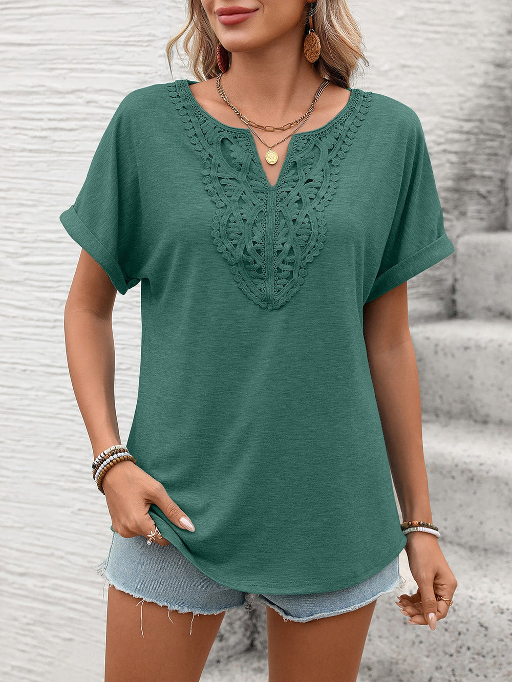 Women Clothing Spring Summer Solid Color V neck Lace Loose Short Sleeve T shirt Top