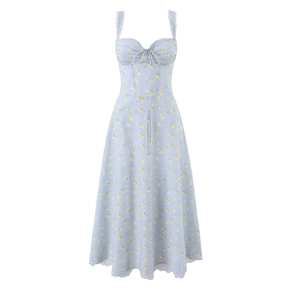 Lace Edge Elegant Baby Blue Print Boning Corset Waist Trimming Spaghetti Straps Vest Dress