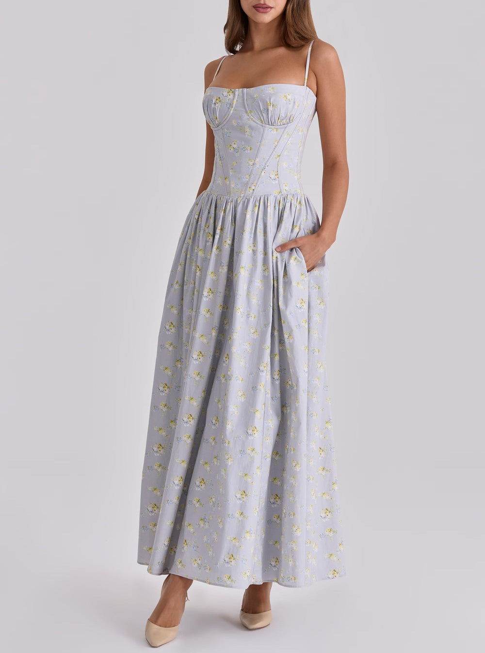 Retro Elegant Floral Pastoral Lace up Waist Controlled Strap Dress Long Dress