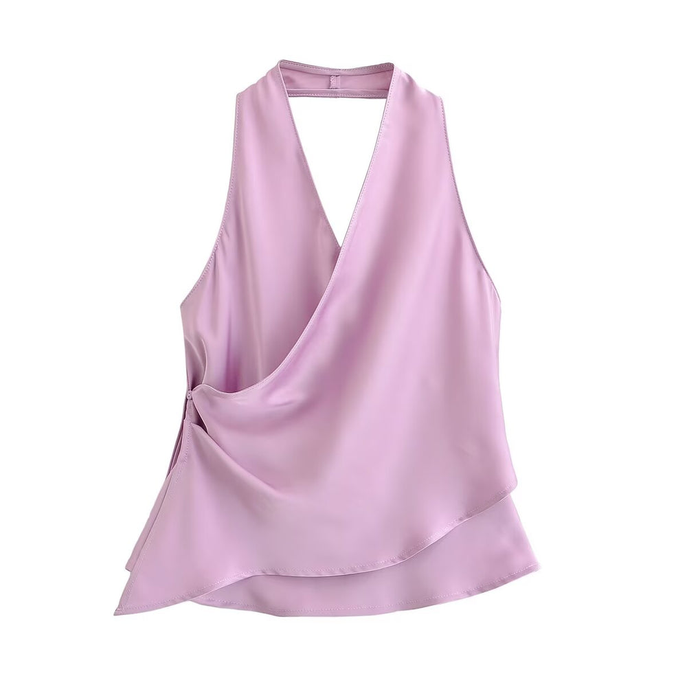 Summer Top Product Graceful Satin Irregular Asymmetric Sleeveless Halter Easy Matching Sling Top
