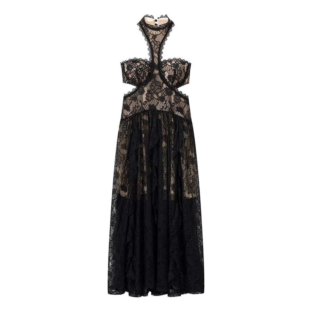 Lace Embroidered Silk Lace Tulle Backless French Halter Dress Women Summer Vacation Lightweight Dress