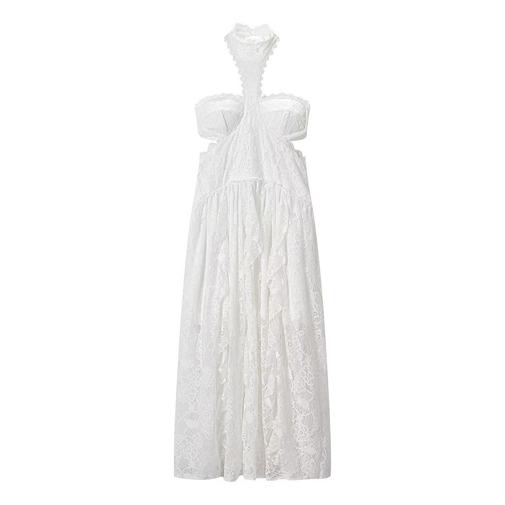 Lace Embroidered Silk Lace Tulle Backless French Halter Dress Women Summer Vacation Lightweight Dress