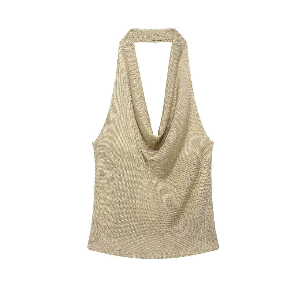 Women Clothing Summer Sexy Metal Color Line Hanging Collar Top