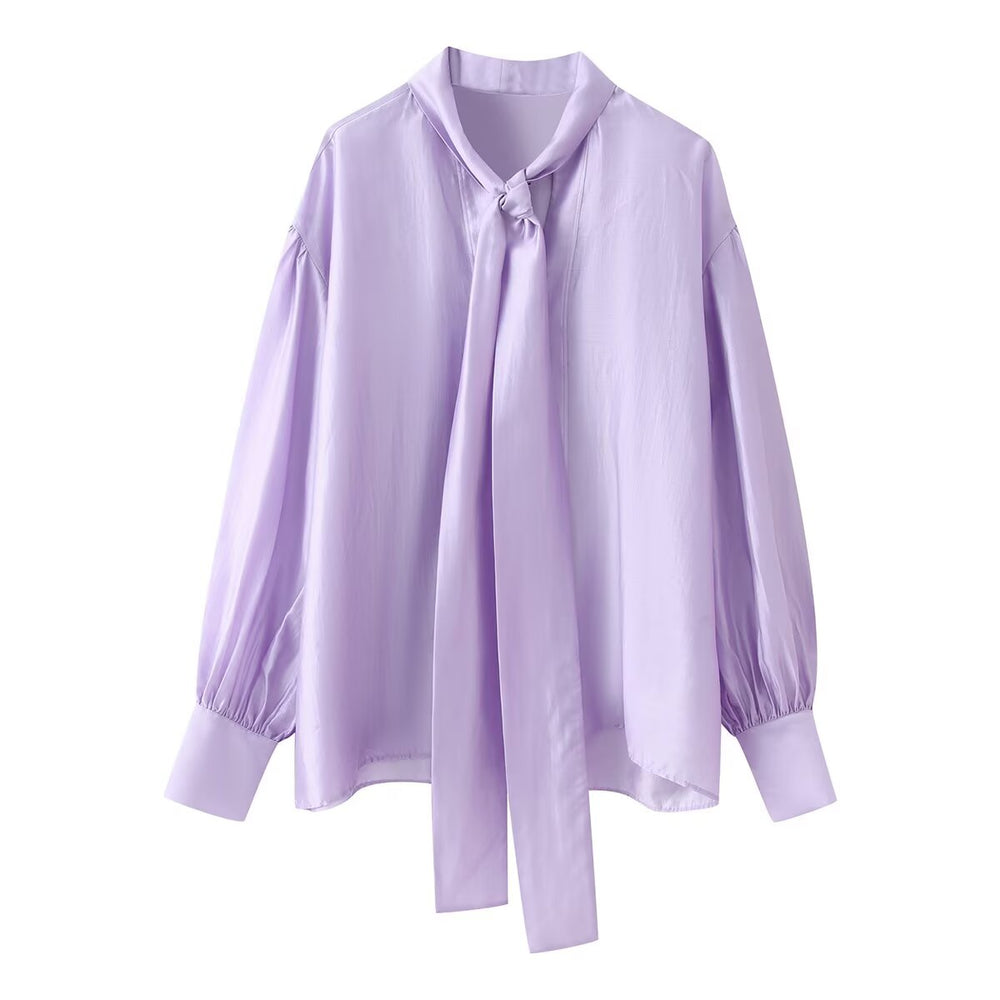 Women Clothing Sweet V neck Long Sleeve Bowknot Straight Hem Shirt