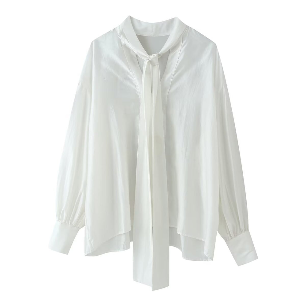 Women Clothing Sweet V neck Long Sleeve Bowknot Straight Hem Shirt