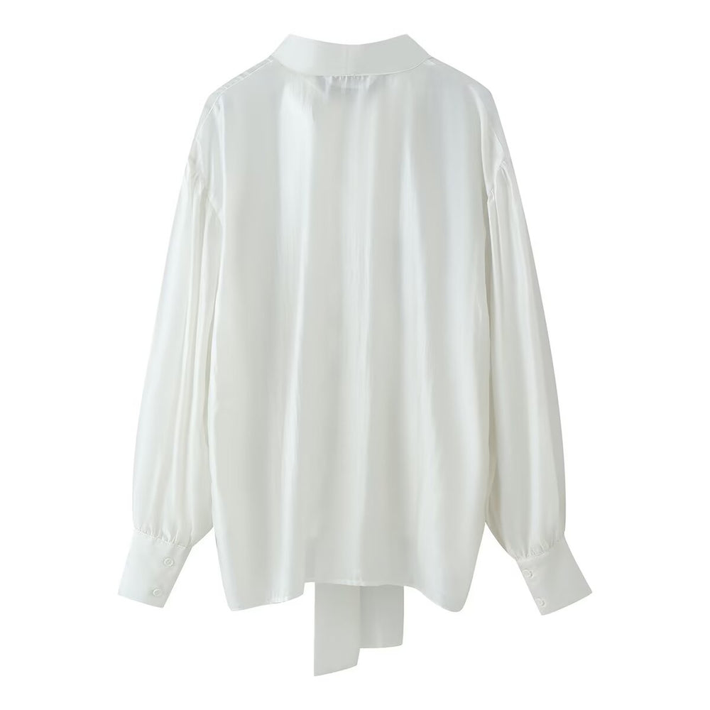 Women Clothing Sweet V neck Long Sleeve Bowknot Straight Hem Shirt
