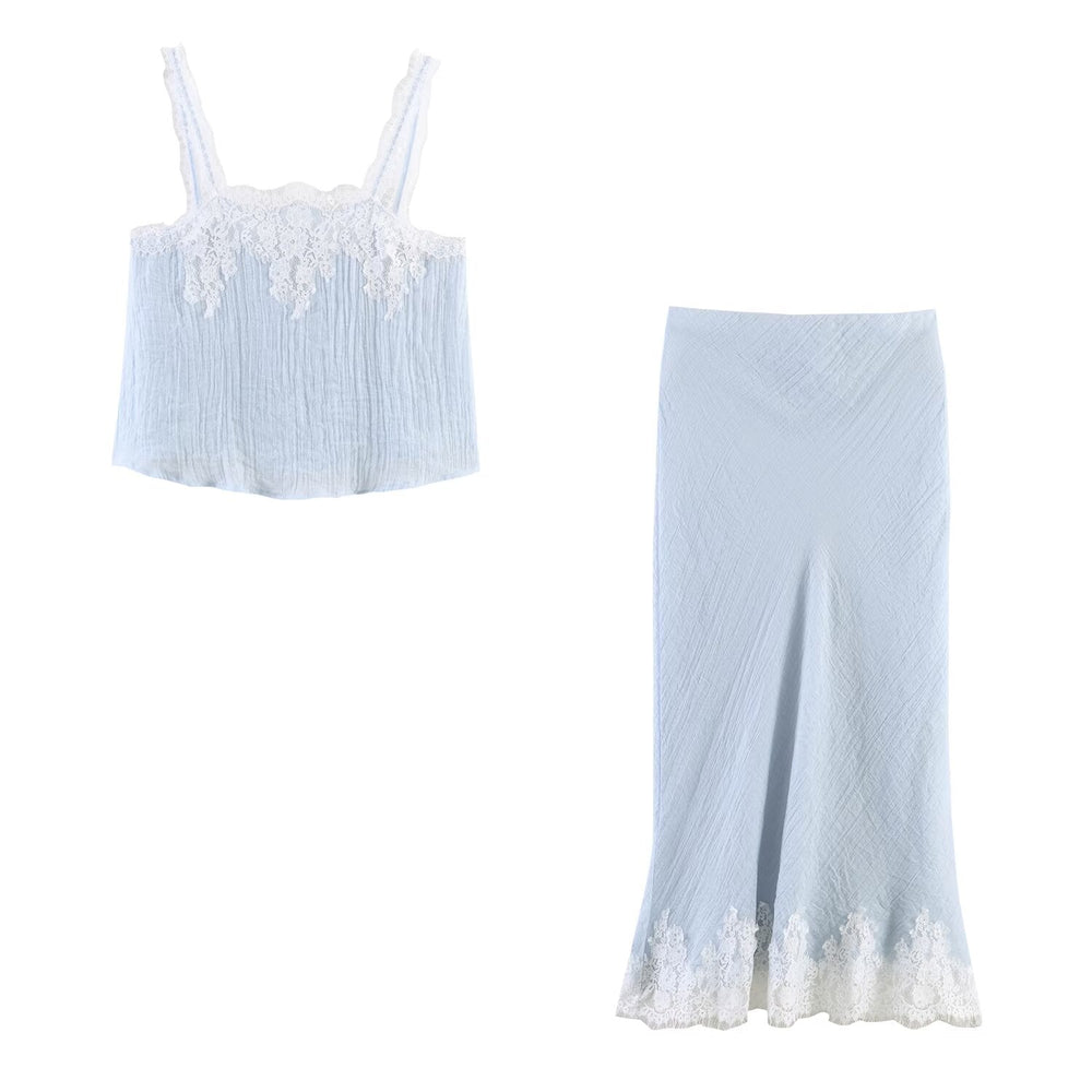 Women Clothing Western Lace Clothing Short Top Lace Midi Skirt Sets