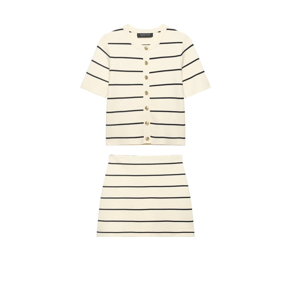 Women Striped Short Sleeved Knitted Jacket Mini Skirt Stes