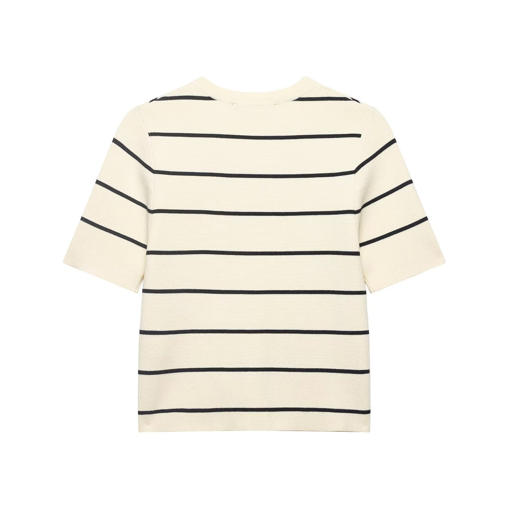 Women Striped Short Sleeved Knitted Jacket Mini Skirt Stes