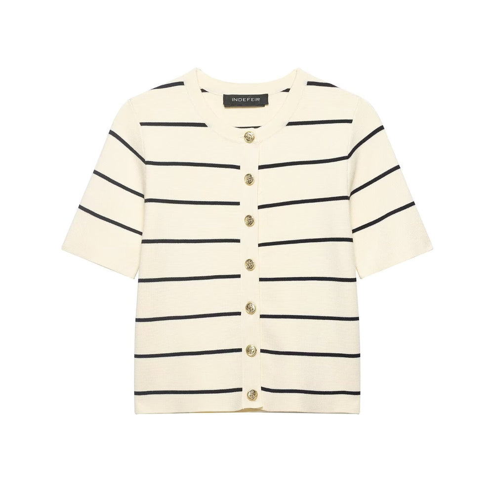 Women Striped Short Sleeved Knitted Jacket Mini Skirt Stes