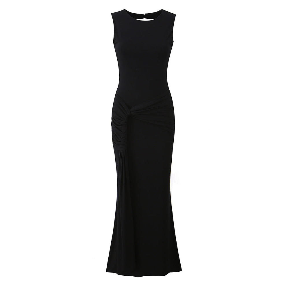 Women Clothing Summer Irregular Asymmetric Slim Fit Ruched round Neck Sleeveless Dress