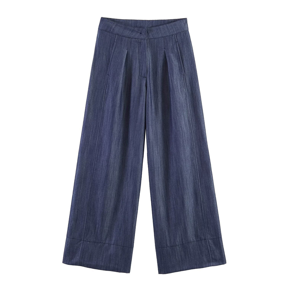 Summer Women Clothes Casual Sleeveless Stand Collar Rivet Buckle Top Wide Leg Trousers