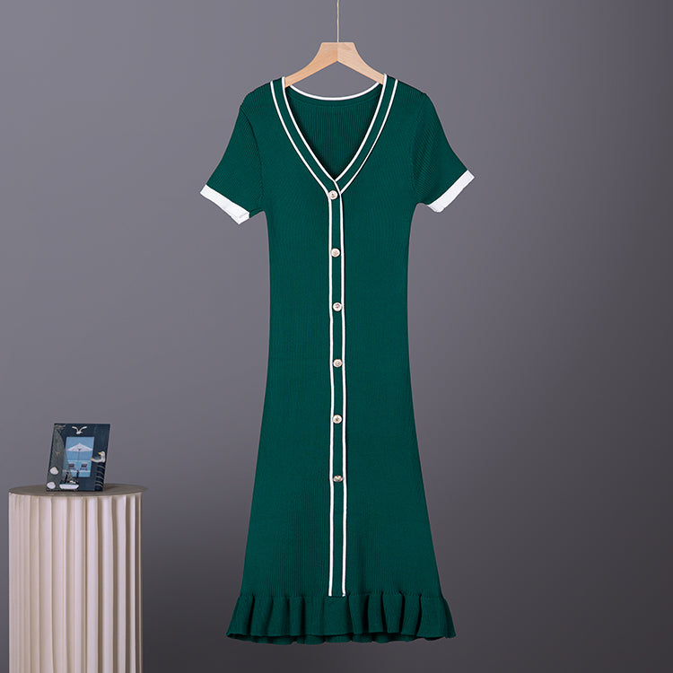 Women V Neck Long Sleeved Single Button Fitted Waistline Knitted Dress Women Autumn Sweater With Fitted Ruffled Dress