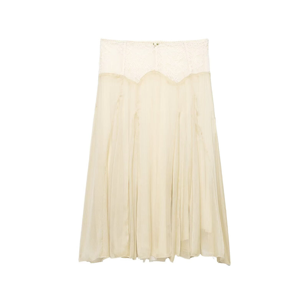 Women Clothing Summer Gentle Lace Stitching Midi Skirt