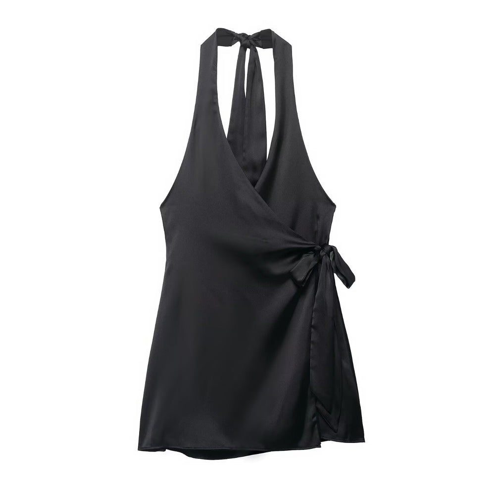 Women Clothing Women Silk Satin Texture Hanging Collar Dress