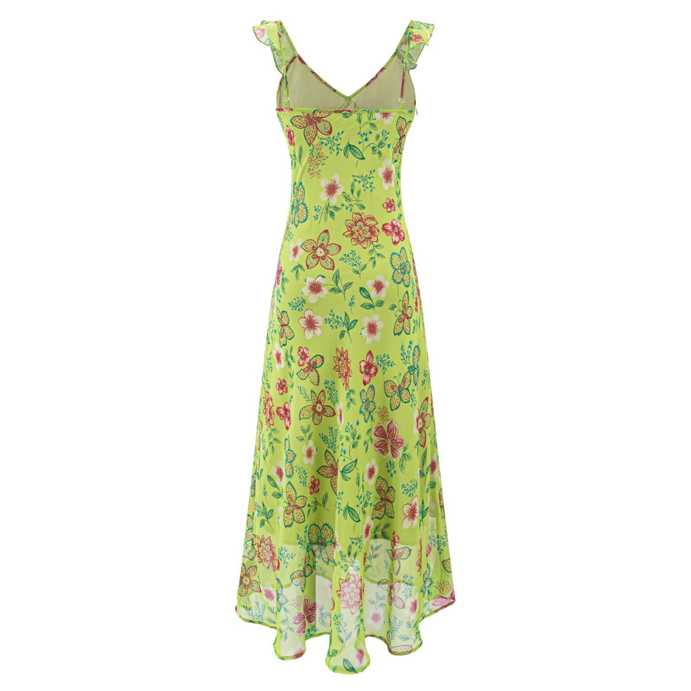 Vacation Green Elegant Dress Women Sexy V neck Flounce Slim Fit Sheath Tea Break Dress