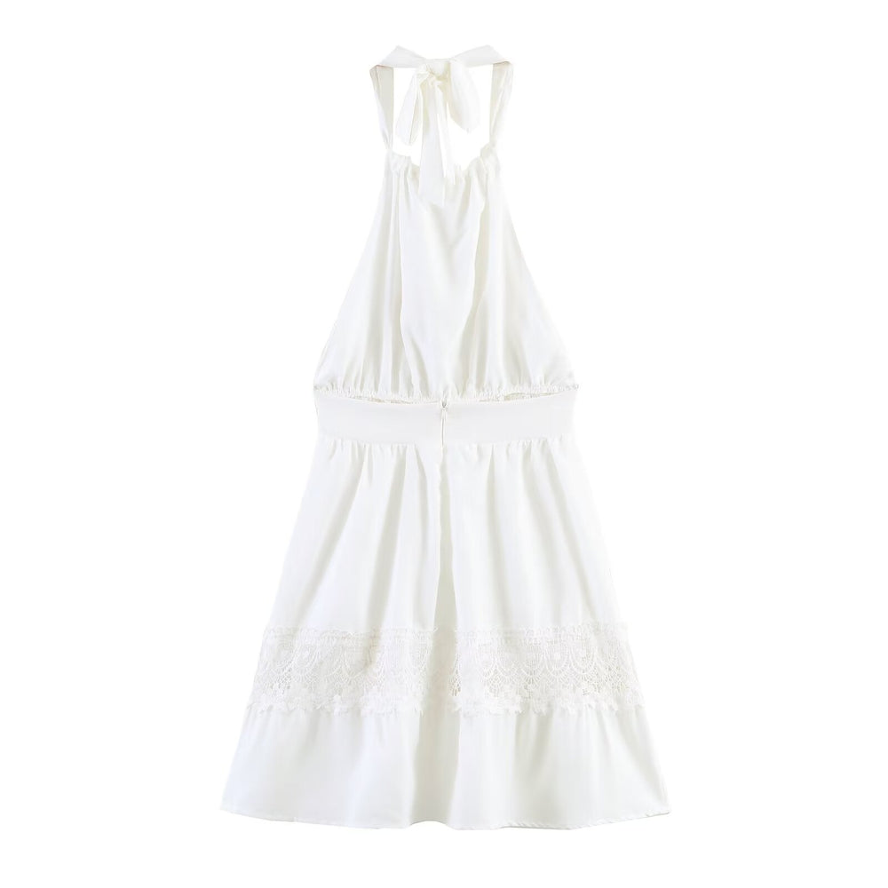 Spring Simple Thin Lace Stitched Backless Maxi Dress