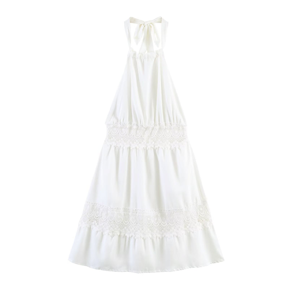 Spring Simple Thin Lace Stitched Backless Maxi Dress
