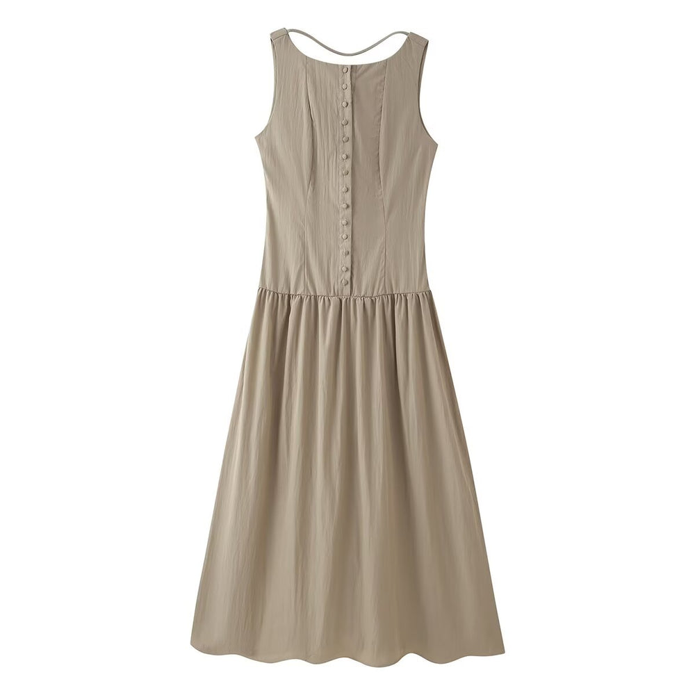 Women Summer Cinched Breasted Design Big Swing Mid Length Dress