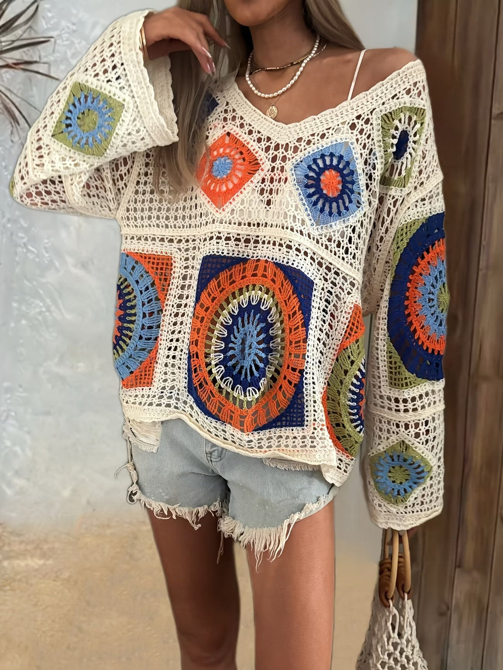 Women Hollow Colored Multi Patterned Crochet V Neck Knitted Sun Protection Turtleneck Sweater