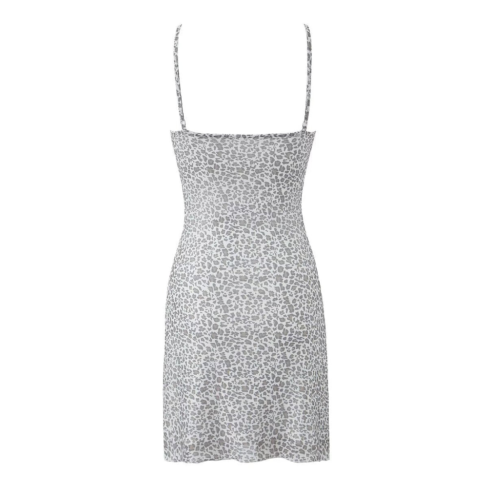 Spring Women French Leopard Bow Mesh Square Collar Suspenders Short Dress
