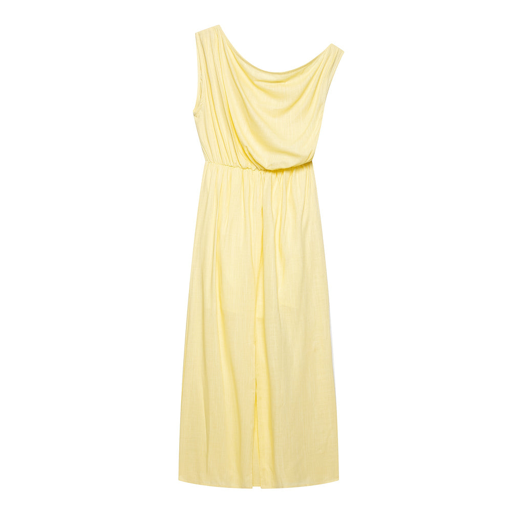 Women Slanted Shoulder One Shoulder Sleeveless Waist Cinching Long Dress