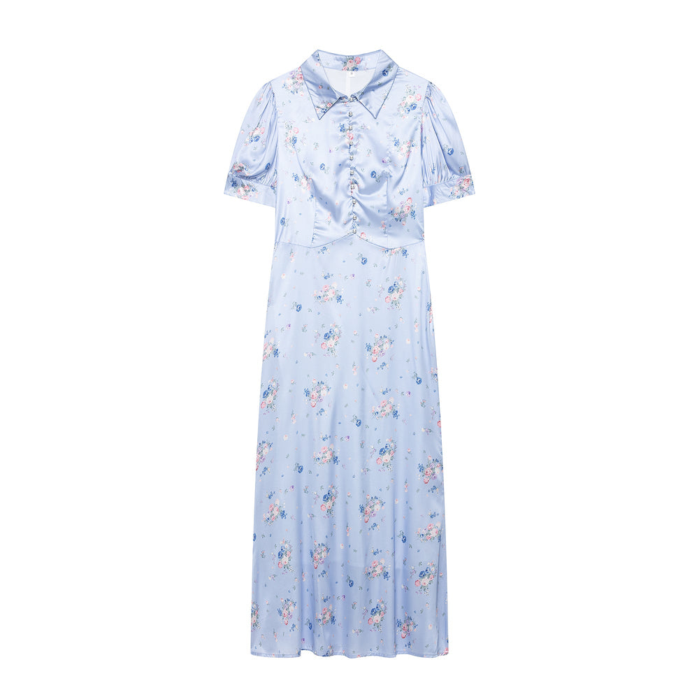 Women Summer Simple Waist Trimming Printing Collared Button Short Sleeve Dress